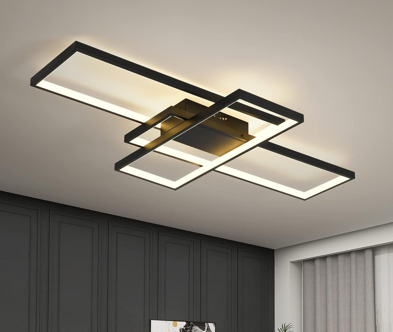 LuFun Modern Ceiling Light,Dimmable LED Flush Mount Lighting Fixture,3-Layer Square Close to Ceiling Light Acrylic Chandeliers for Bedroom Living Room Dining Room Kitchen,72W/3000k-6500K/Black