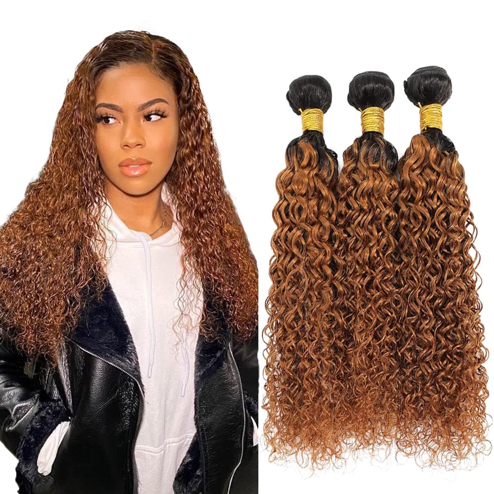 Ombre Kinky Curly Bundles Human Hair 1b/30 Brown Curly Hair Bundles Ombre 2 Tone Black and Brown Kinky Curly Bundles Brazilian Virgin Remy Human Hair Extensions Ombre Curly Bundles 16 18 20 Inch