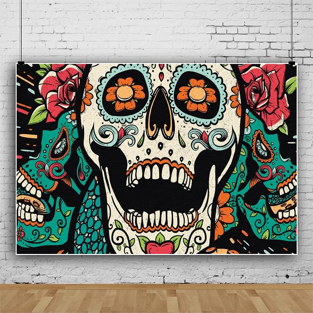 Yeele 5x3ft Funny BackdropSkull Laugh Face Photo Backdrop Curtains Mexican Style Party Decorations for Wallpaper Halloween Day of The Dead Colorful Flower Backdrop for Party