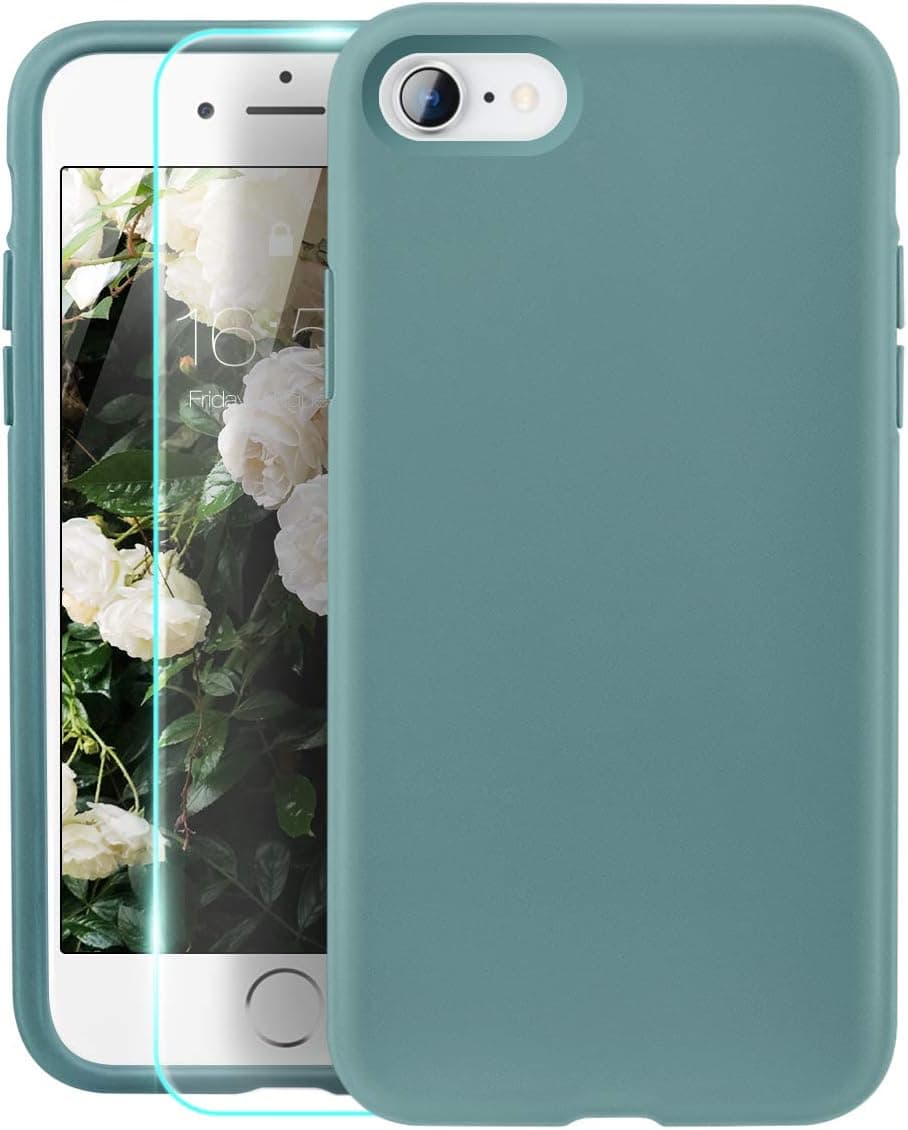 ZELAXY iPhone SE 2020 Case, iPhone 8 case, iPhone 7 case, Silicone Series Gel Rubber Microfiber Cloth Lining Cushion Protective Case with Screen Protector for iPhone 7/8/SE - Pine Green