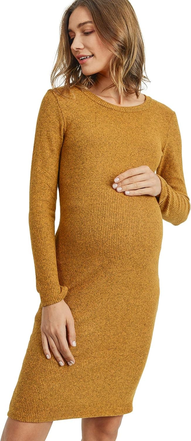 HELLO MIZ Women's Knit Ribbed Maternity Dress with Long Sleeve