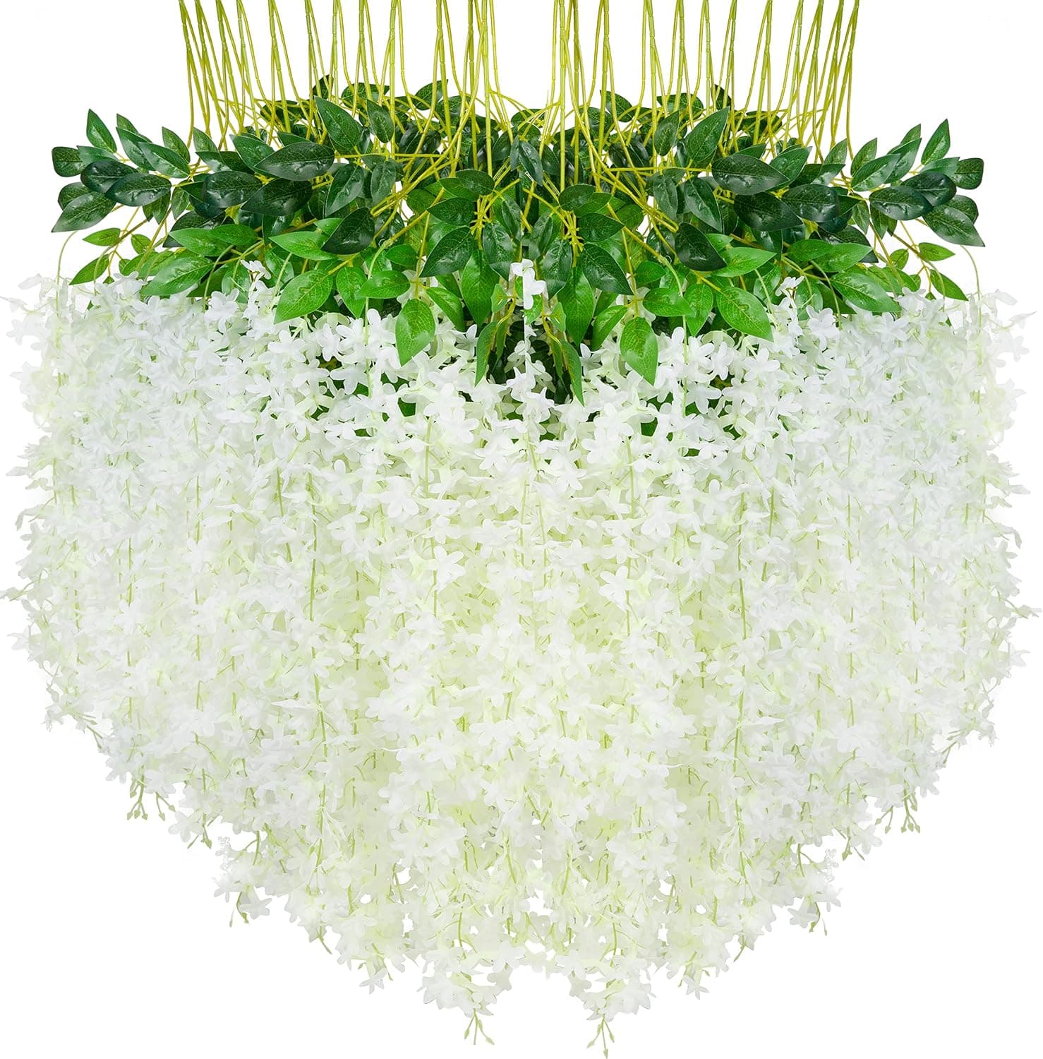 Wisteria Hanging Flowers, 24 Pack 43.2 inch 3.6 Feet Lilac Wisteria Artificial Flower Fake Vine Ratta Long Hanging Bush Garland Silk Flowers String Decorate Home Party Wedding Decor (Champagne White)
