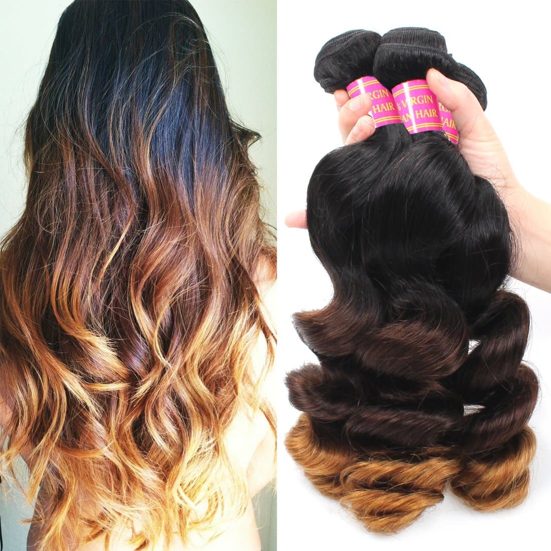 Allove Hair 8A Ombre Brazilian Loose Wave 3 Bundles(12 12 12) Virgin Remy Human Hair Weave 1b/4/27 Ombre 3 Tone Color Human Hair Extensions