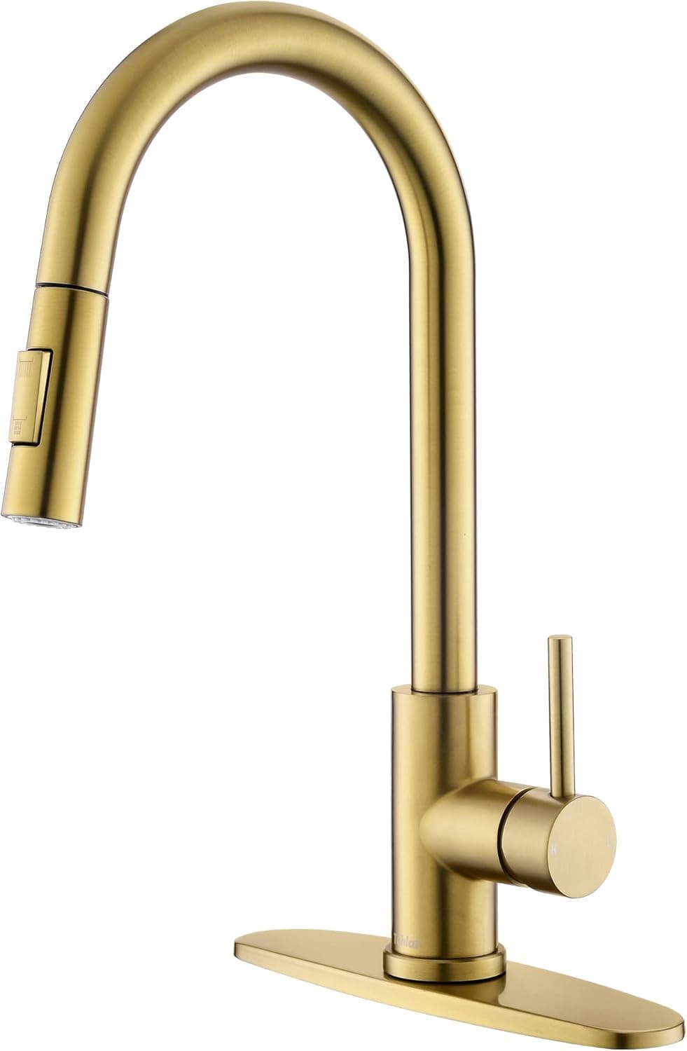Tohlar Gold Kitchen Faucets with Pull-Down Sprayer, Modern Kitchen Sink Faucet Stainless Steel Single Handle Kitchen Faucet with Deck Plate, Brushed Gold