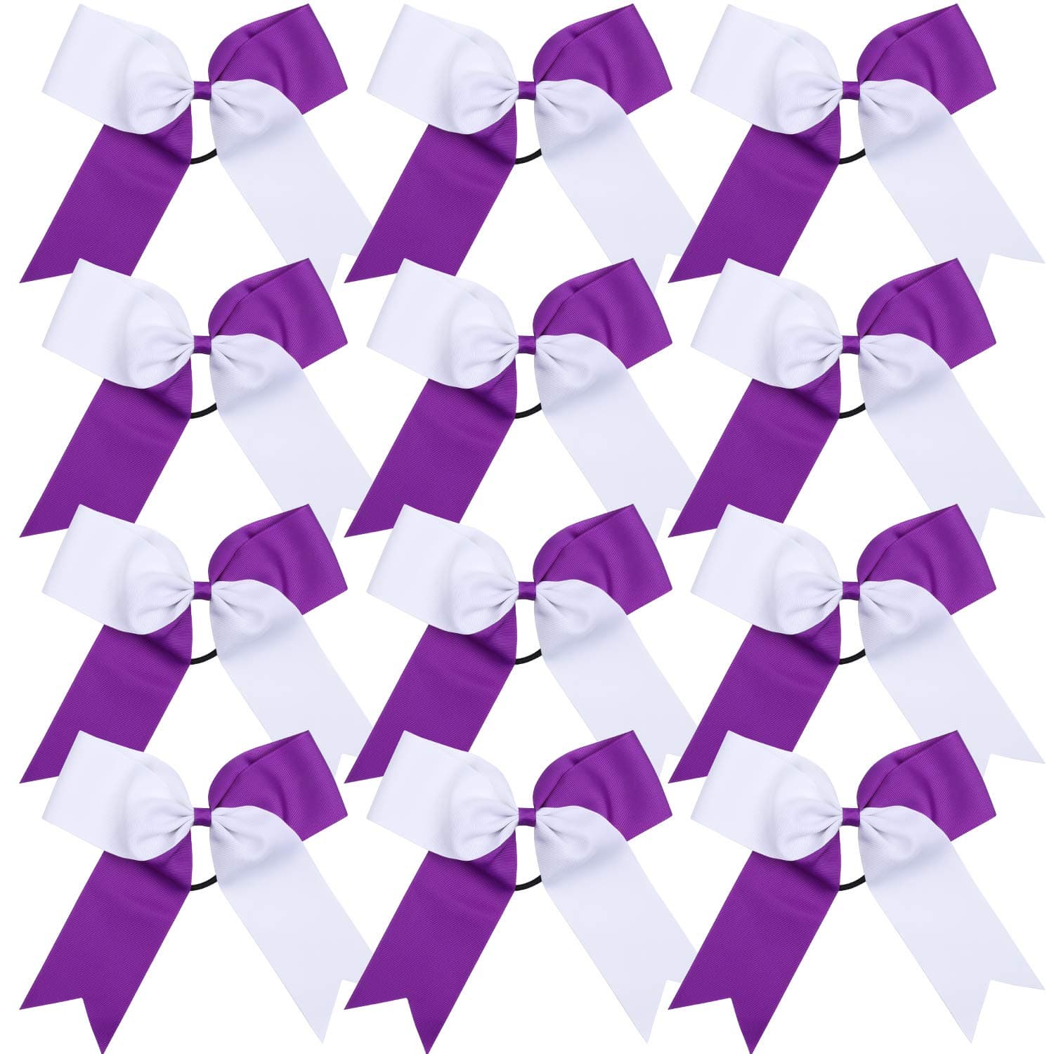 Cheerleading Bow Jumbo Cheer Bows 12 Pcs 7 Inch Ponytail Holder Cheerleader Bows Hair Tie (Purple/White)