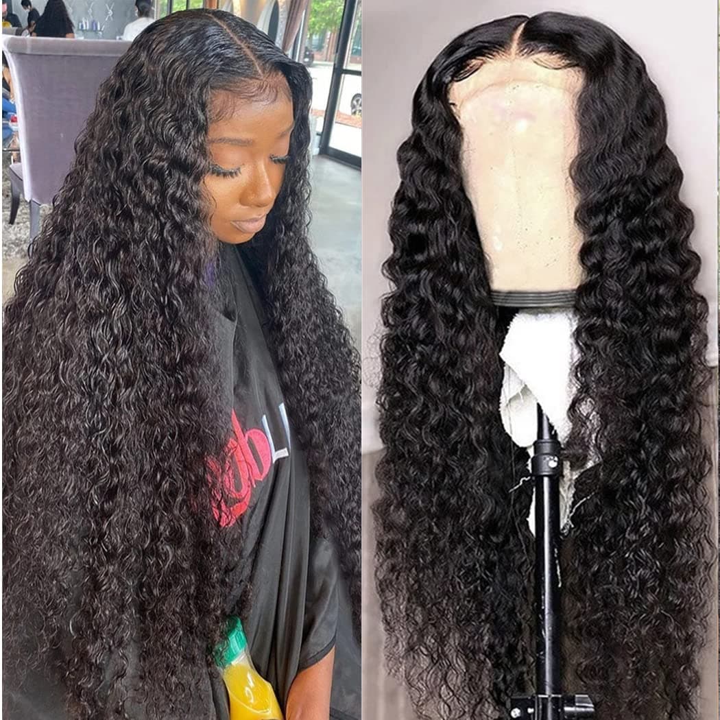 kiss love Deep Wave Lace Front Wigs Human Hair Pre Plucked with Baby Hair Deep Curly Lace Front Human Hair Wigs for Black Women Brazilian 4x4 Lace Closure Wig 150% Density Natural Black (18Inch)