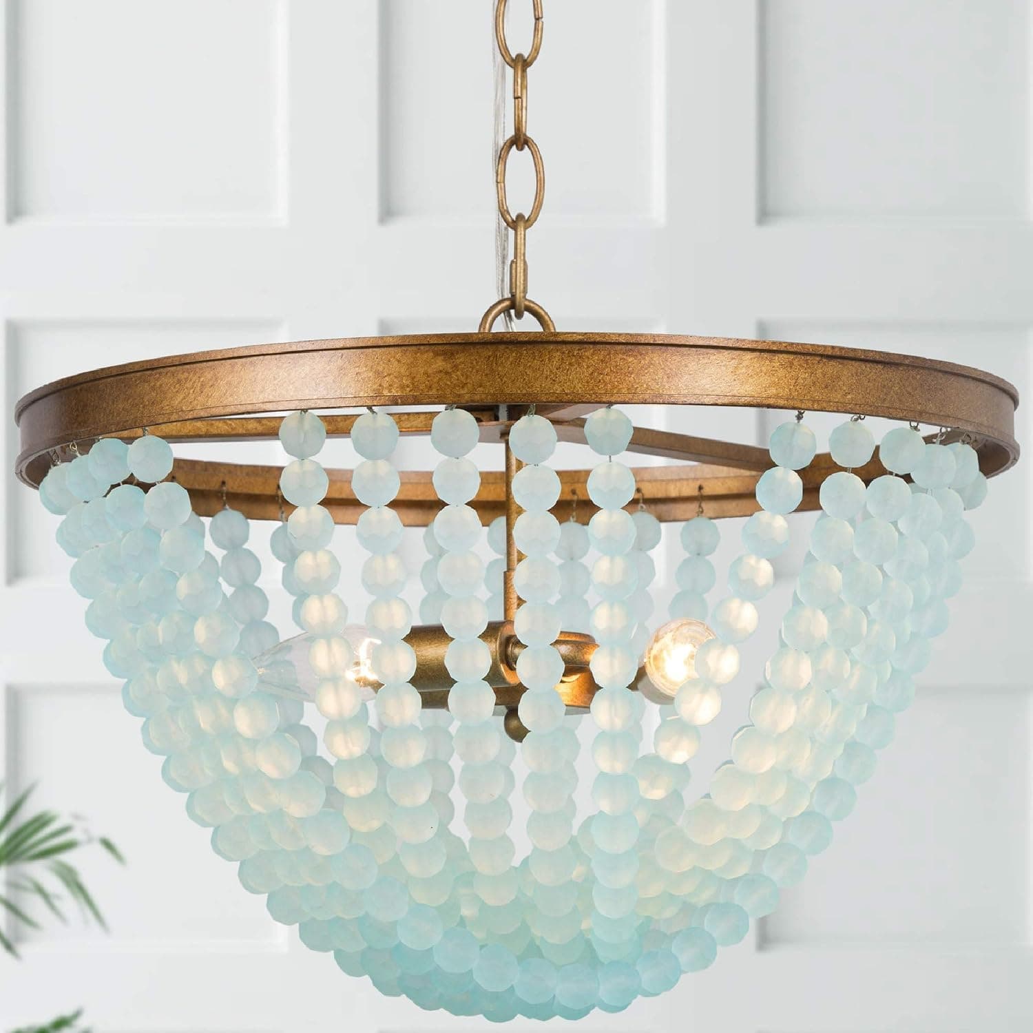 LOG BARN Beaded Chandelier, Boho Light Fixture for Dining Room, Blue Glass Beads, Antique Gold Finish, 3-Light, 15.5" D x 11.5" H