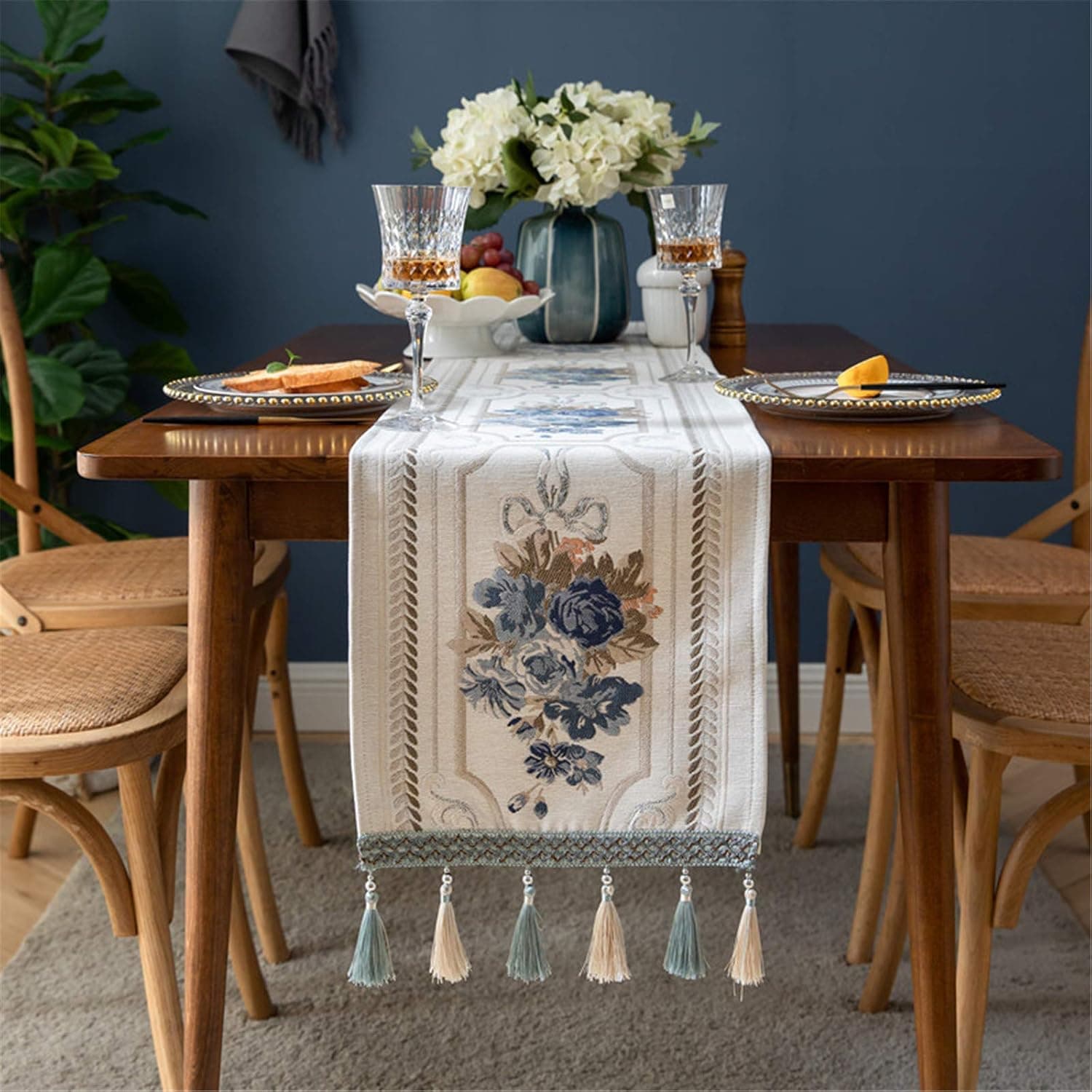 Embroidered Floral Table Runner Classic Jacquard Fabric Table Runners with Handmade Tassels for Kitchen Room Wedding Party Dresser Decorations (13 x 72 inch, White)