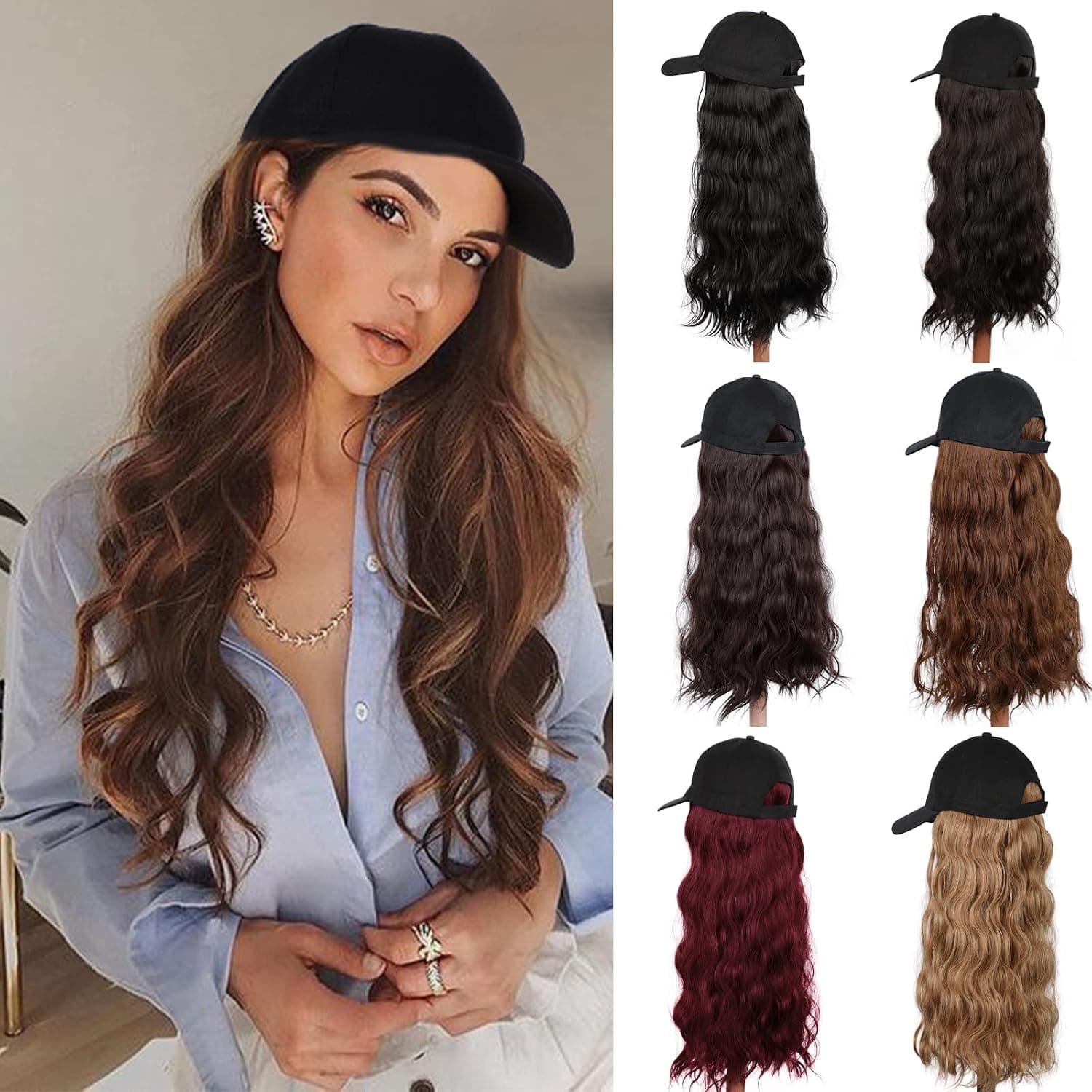 AISI BEAUTY Hat Wig Long Water Wave Baseball Cap with Hair Hat with Hair Wig Hat Synthetic Hat Wig Adjustable Hat Wig Dark Brown Wig Hat Long Wig Party Daily Use（Dark Brown）