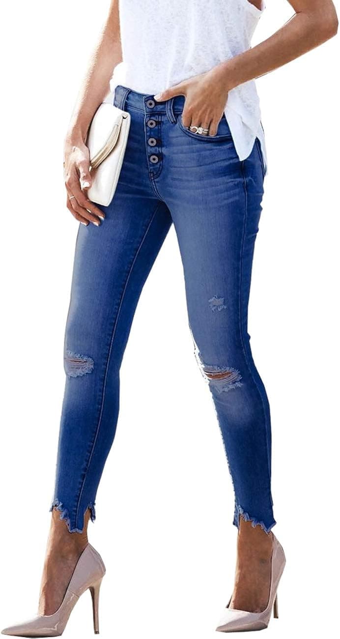 Syydn Women's Jeans HoleJuniors Button Fly High Waist Skinnys Denim Pants (Dark Blue, M)