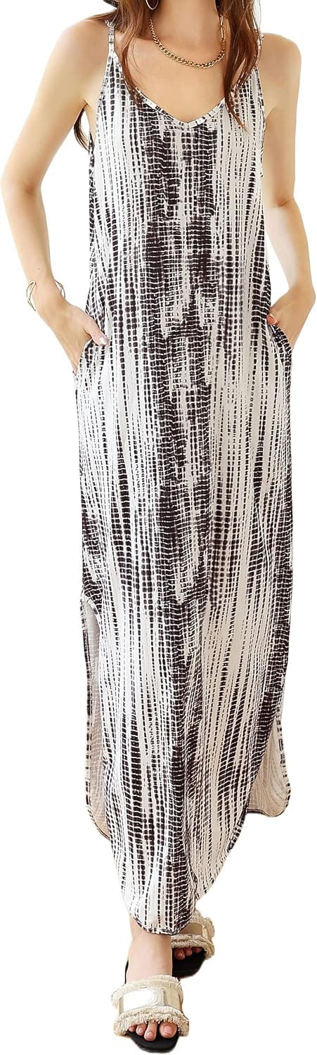 Gocirziy Women's Summer Casual Maxi Floral Printed Long Spaghetti Strap Sleeveless V Neck Boho Beach Dresses with Pockets