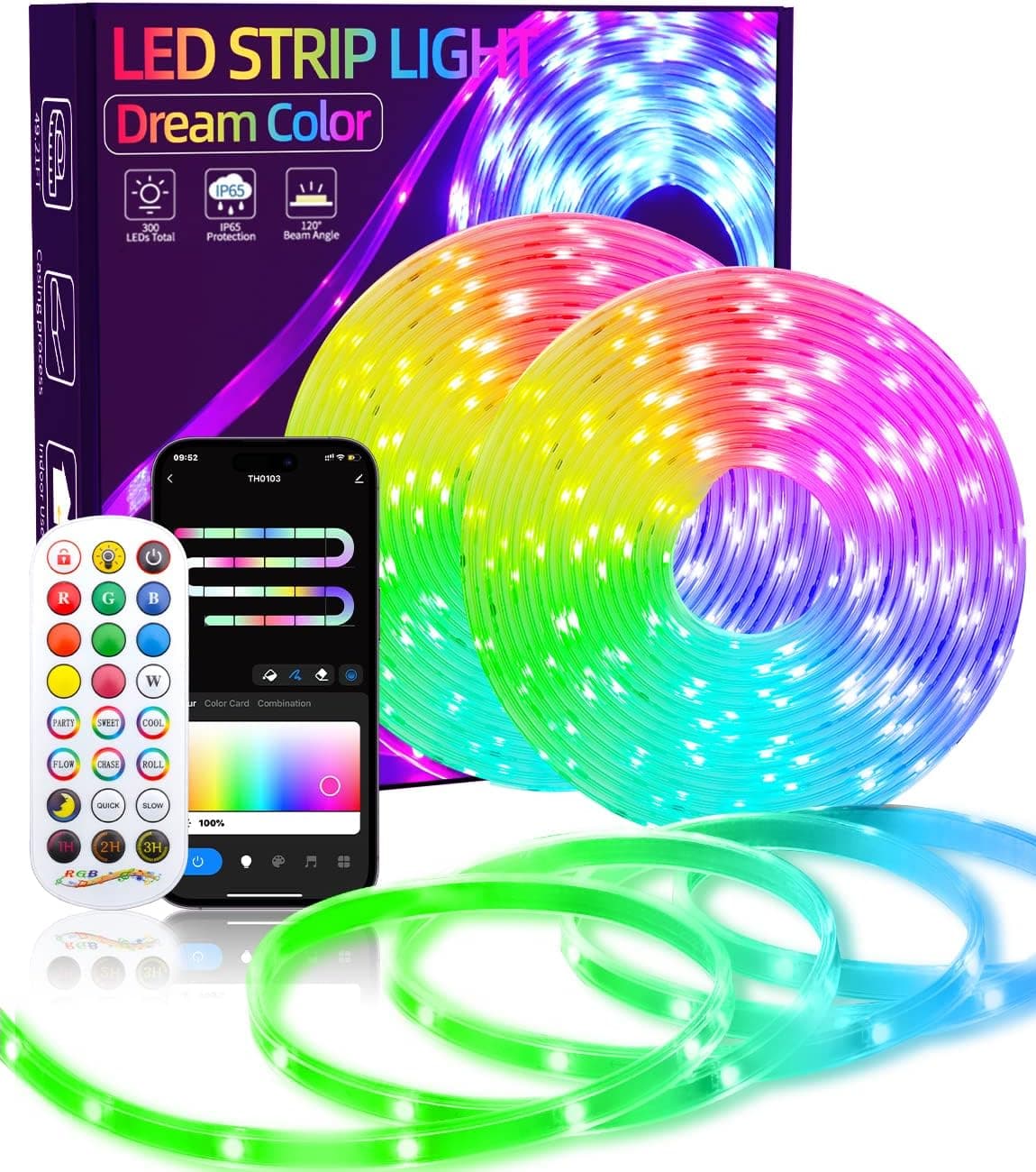 Qnoavve Outdoor LED Strip Lights - 49.21ft Rainbow Color DIY Smart RGB IC Rope Lights, 64 Scene Modes, IP65 Waterproof App Control LED Lights for Party, Balcony, Roof, Garden Decor