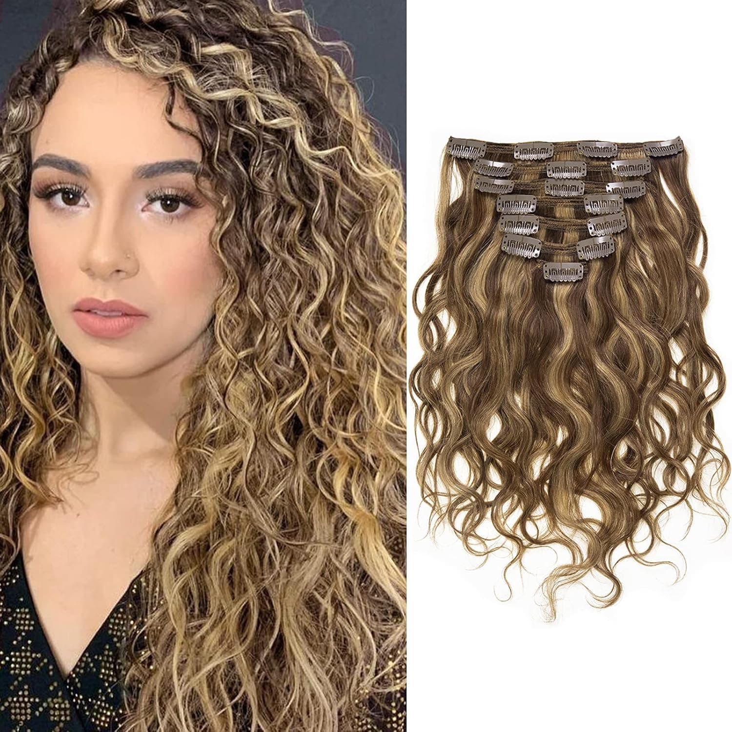 Anrosa Full Head 20 Inch Clips in Natural Wave Human Hair Extension 120Gram P#4/27 Color for Women Wavy Curyly Thick End Hair Strawberry Blonde Color with 7 Pieces 17Clips Per Pack