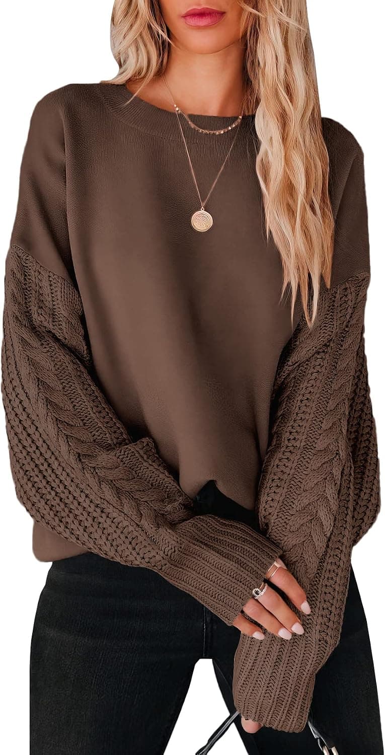 ANRABESS Women's Crewneck Long Sleeve Drop Shoulder Casual Solid Cable Knit Chunky Contrast Pullover Sweater Top
