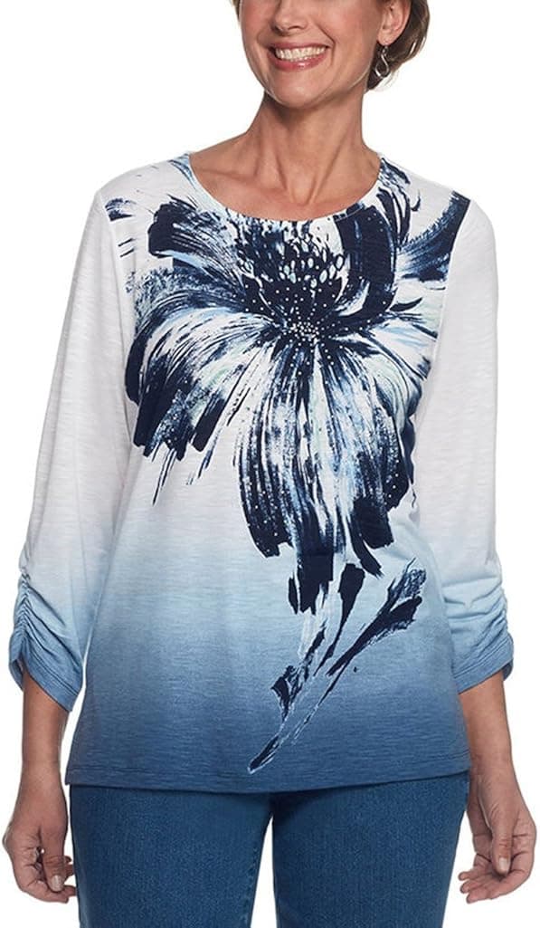 Alfred Dunner Women's Plus Size Floral Knit Top Tab Roll SLV