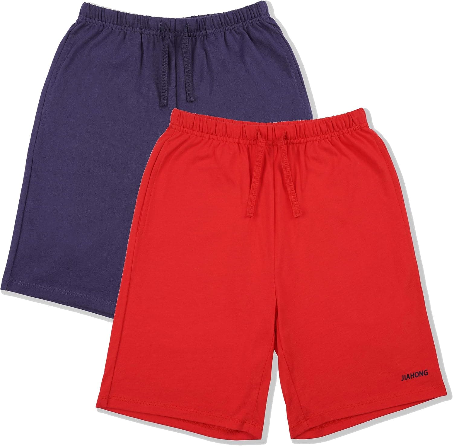 JIAHONG Boy's Shorts 100% Cotton Athletic Shorts for Kids Comfy Drawstring Shorts with Pockets Boys & Girls 2-Pack