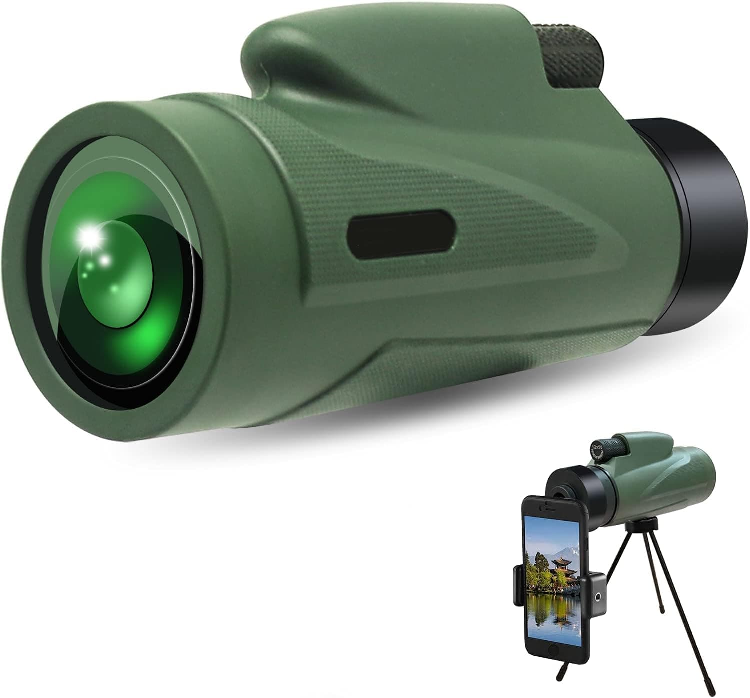 HD Monocular Telescope,12X50 High Power with Quick Smartphone Holder & Tripod,Waterproof Fogproof Monocular for Adults Kids,Tripod for Bird,Hunting - Dark Green