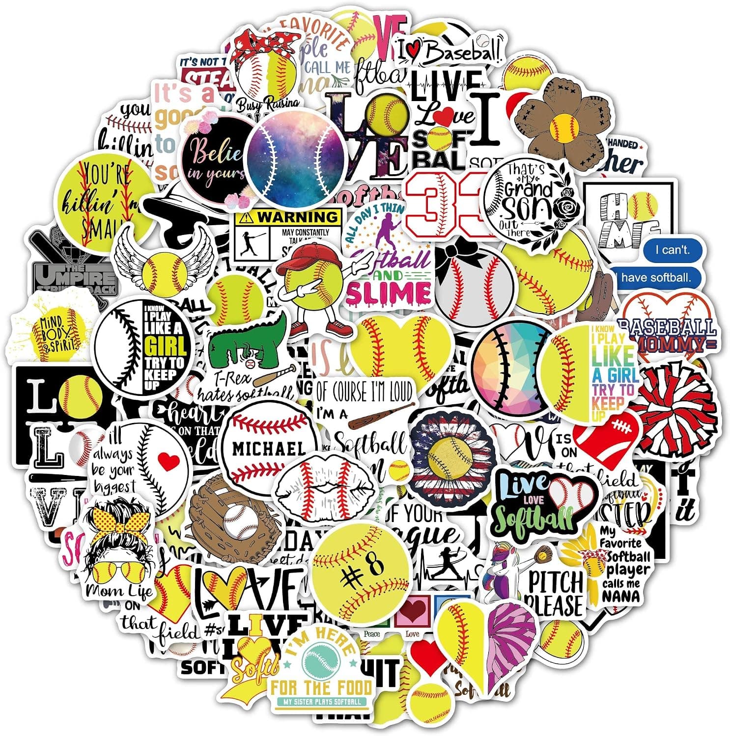 GONGZUO Softball Stickers 100PCS Cartoon Stickers Vinyl Waterproof Stickers for Laptop Skateboard Water Bottle Kids Adults Party Supplies Decoration