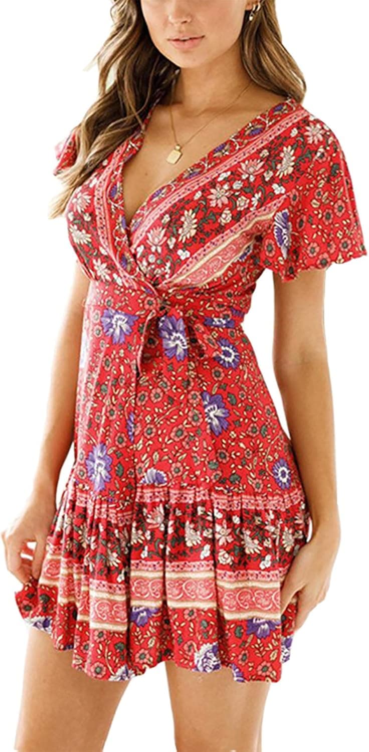 Minipeach Women's Summer Self Tie Bohemian Floral Pattern Ruffle A Line Beach Mini Maxi Dresses