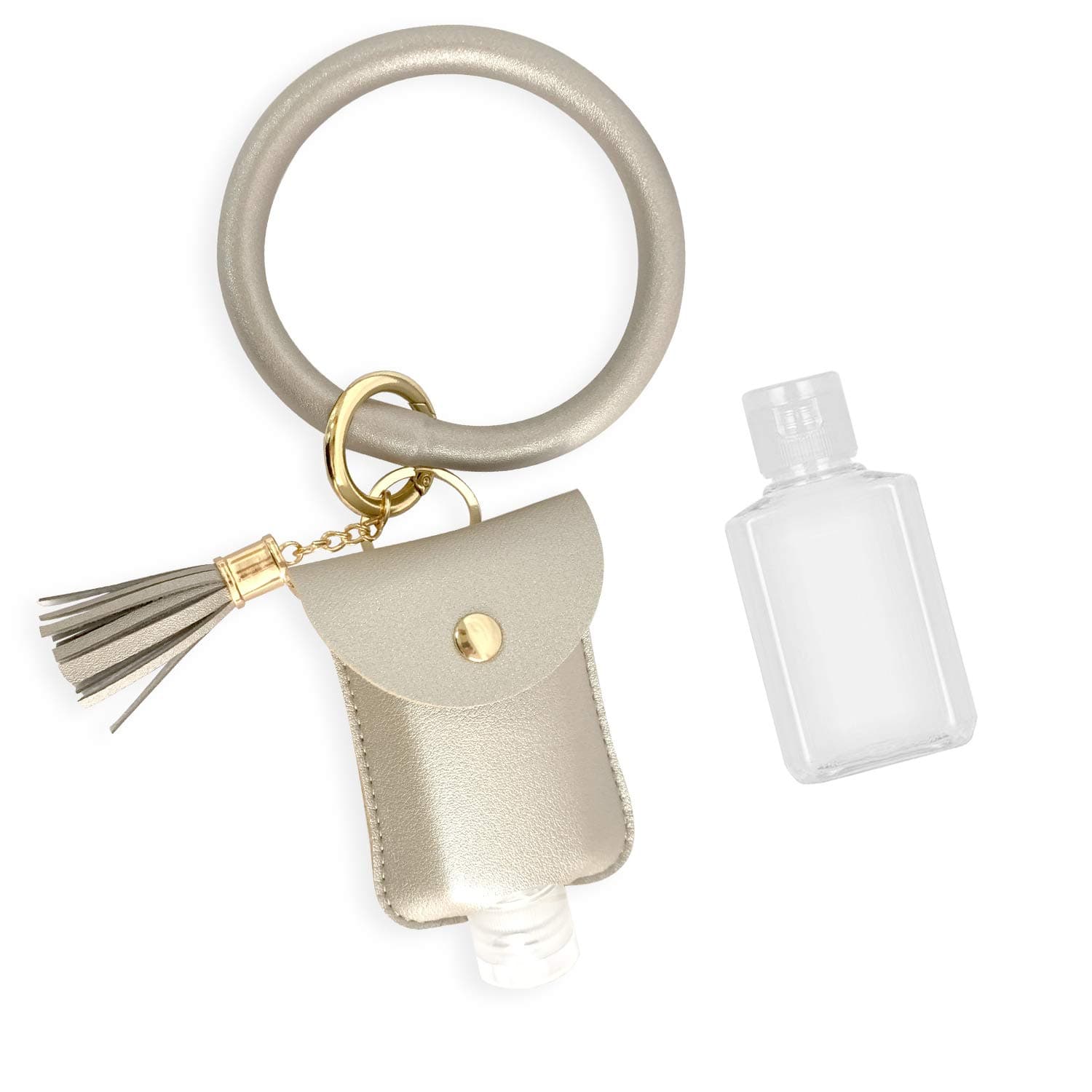 Wristlet Keychain Bracelet with Squeeze Bottle, Empty Leakproof Plastic Travel Bottle with Leather Keychain Holder, Refillable Flip Cap Bottles Portable Containers, For Women Gift (2oz Light Gold）