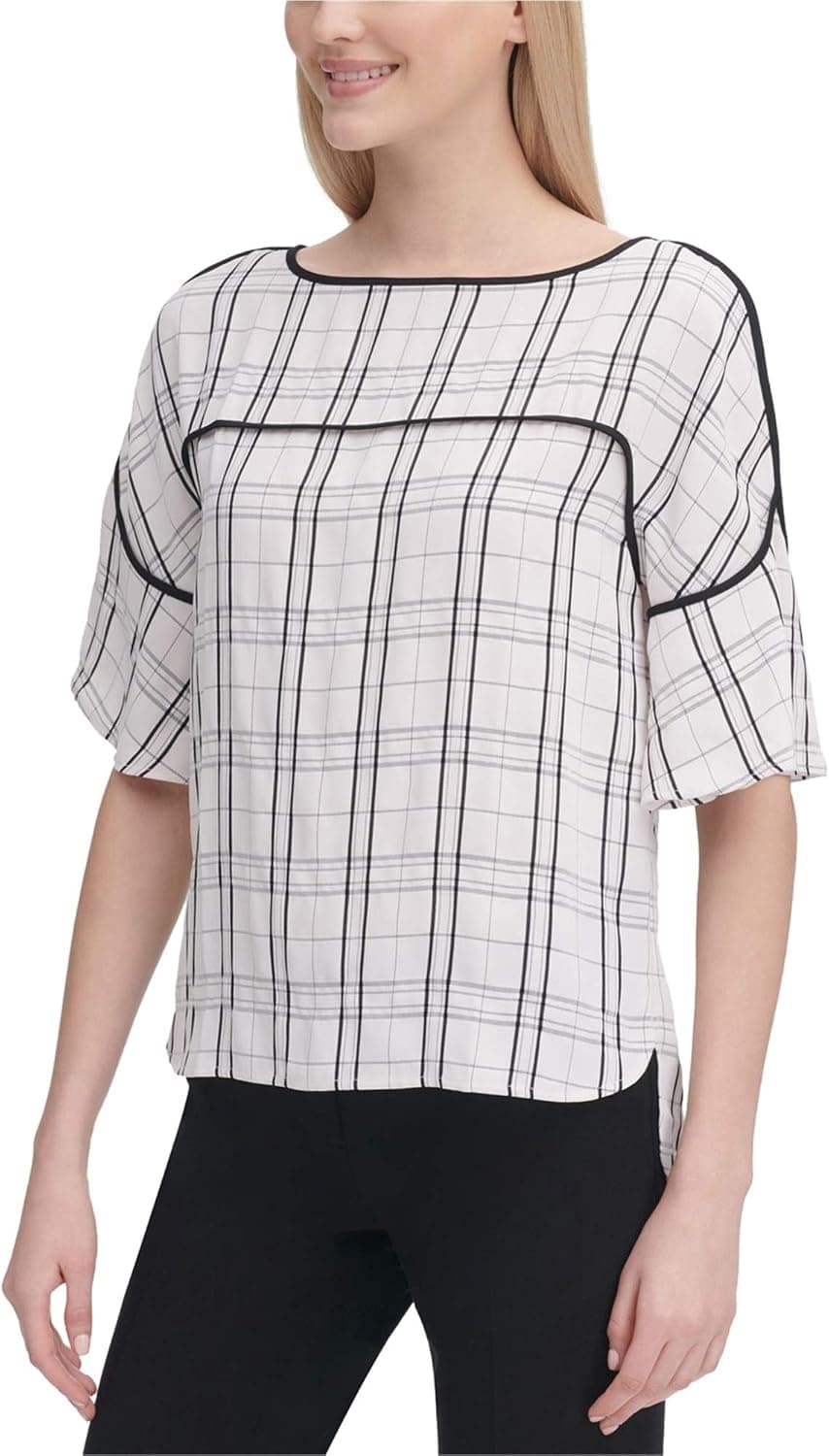 Calvin Klein Womens Piped Pullover Blouse, White, Medium