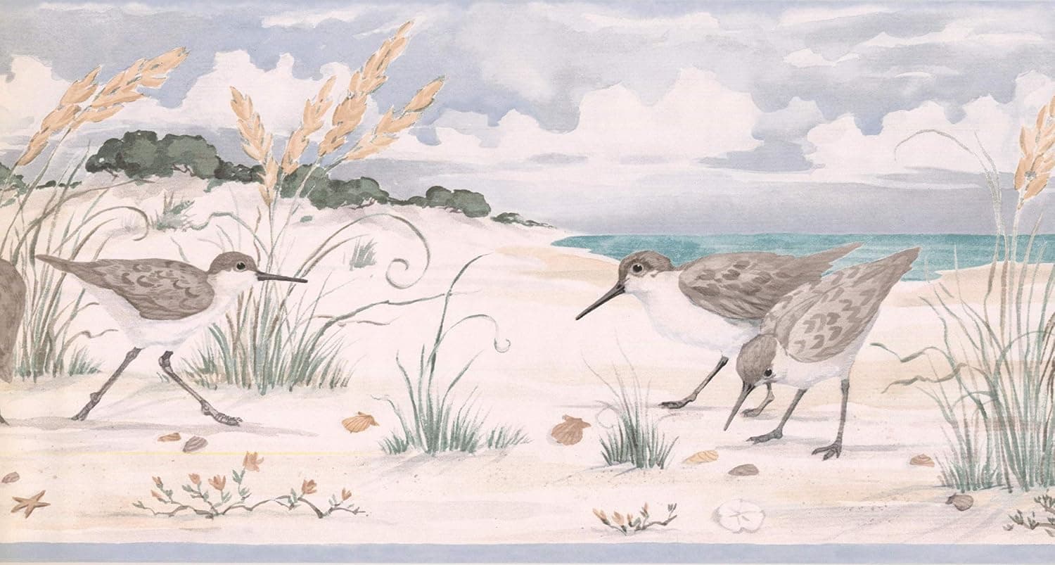 CONCORD WALLCOVERINGS ™ Classic Wallpaper Border Featuring Beach Birds on Beige and Blue Background, Size 10.25 Inches by 15 Feet PB201B