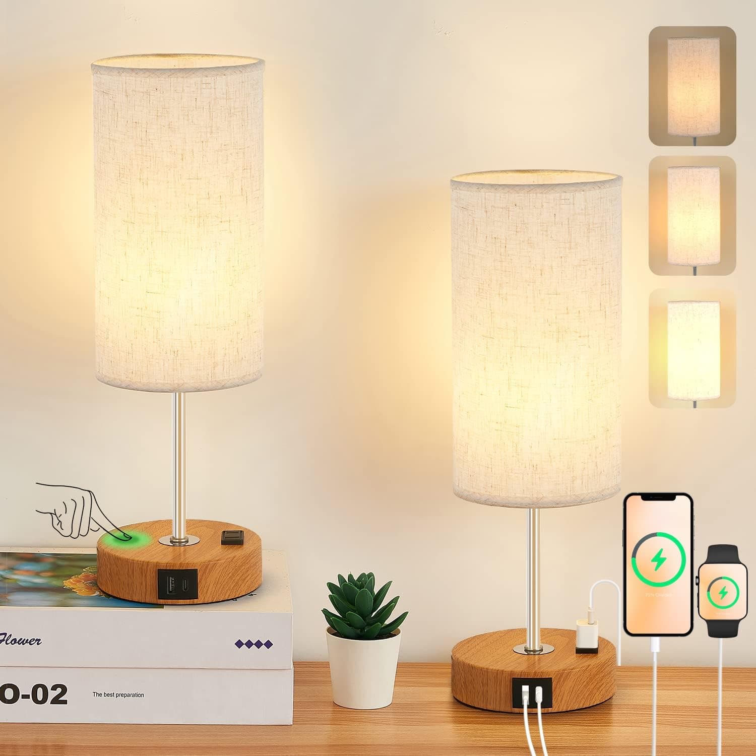 OPNICE Touch Lamps for bedrooms Set of 2, Lamp with USB C+A Port and Outlet, 3 Way Dimmable Table Lamp Reading Desk Lamp Small Nightstand Lamp for Bedside Living Room Home Decor, Bulb Included(Linen)