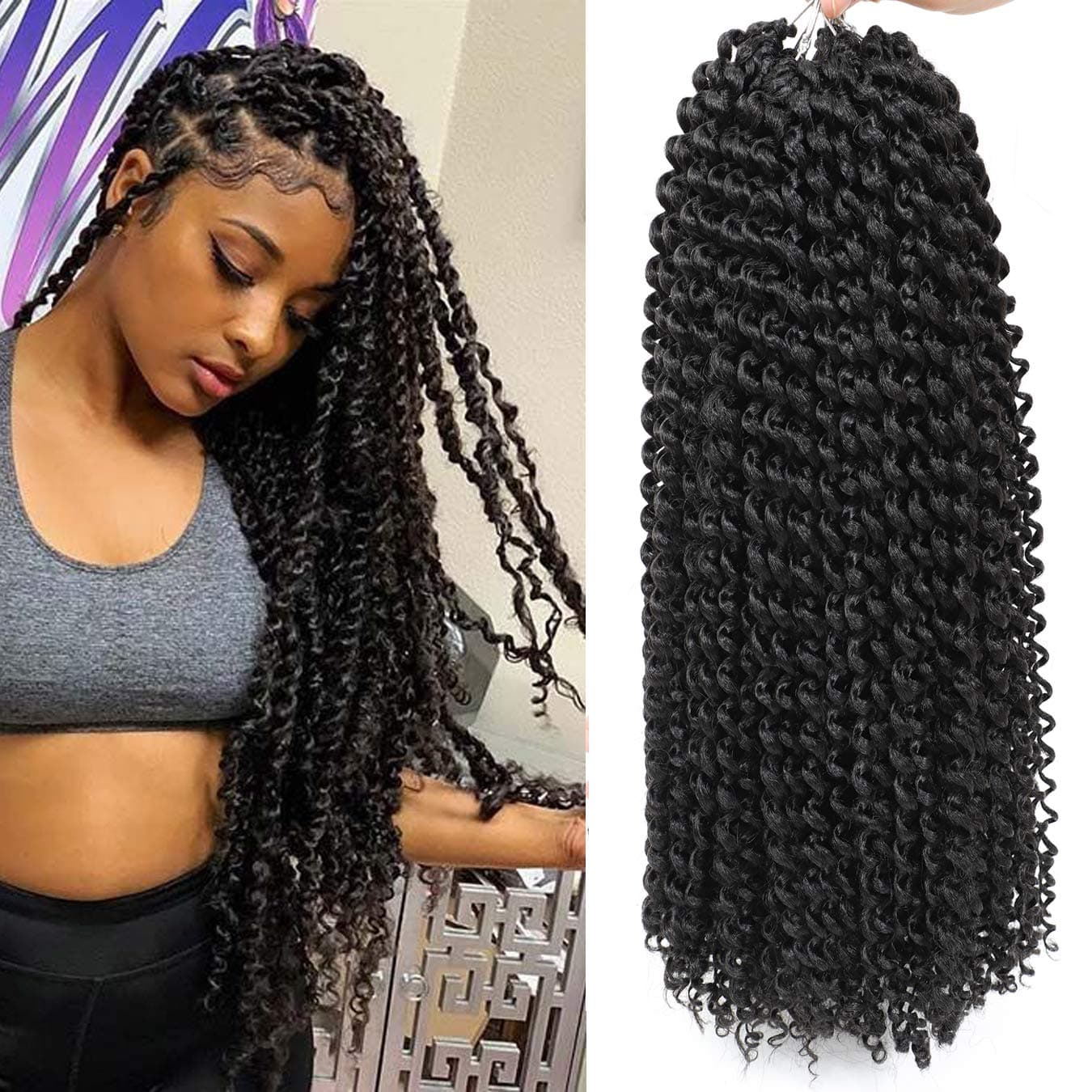 Passion Twist Hair 6Pcs Water Wave Crochet Braids 18” Long Bohemian Braids Braiding Low Temperature Fiber 22 strands/pack Hair Extensions (18", 1B(Black))