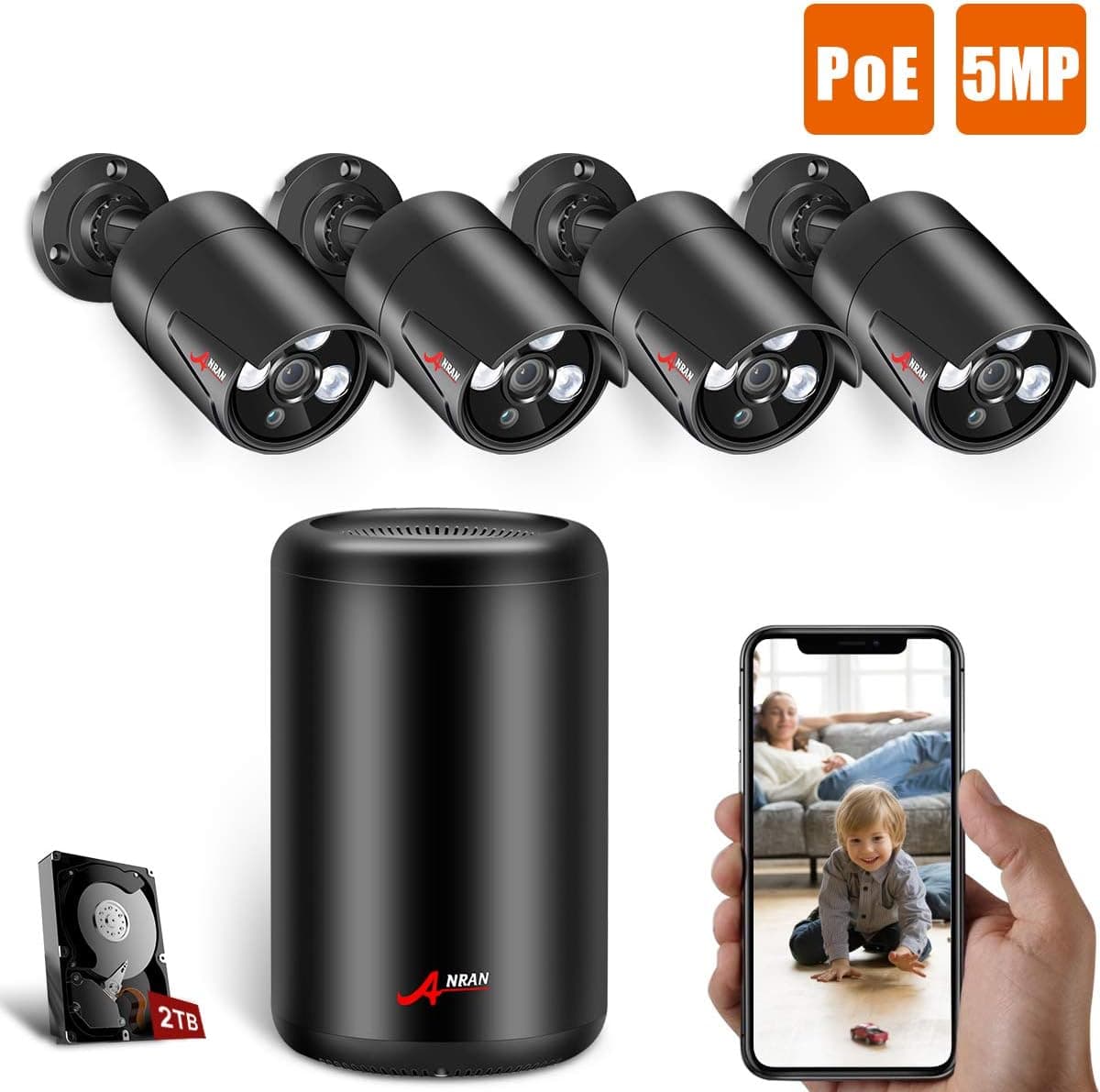 【New NVR】 5MP PoE Home Security Camera System, ANRAN 4CH NVR Video Security System with 2TB HDD, 4pcs 5MP(5 Megapixels) Outdoor Surveillance PoE Bullet IP Cameras for 7/24 Recording, Motion Detection