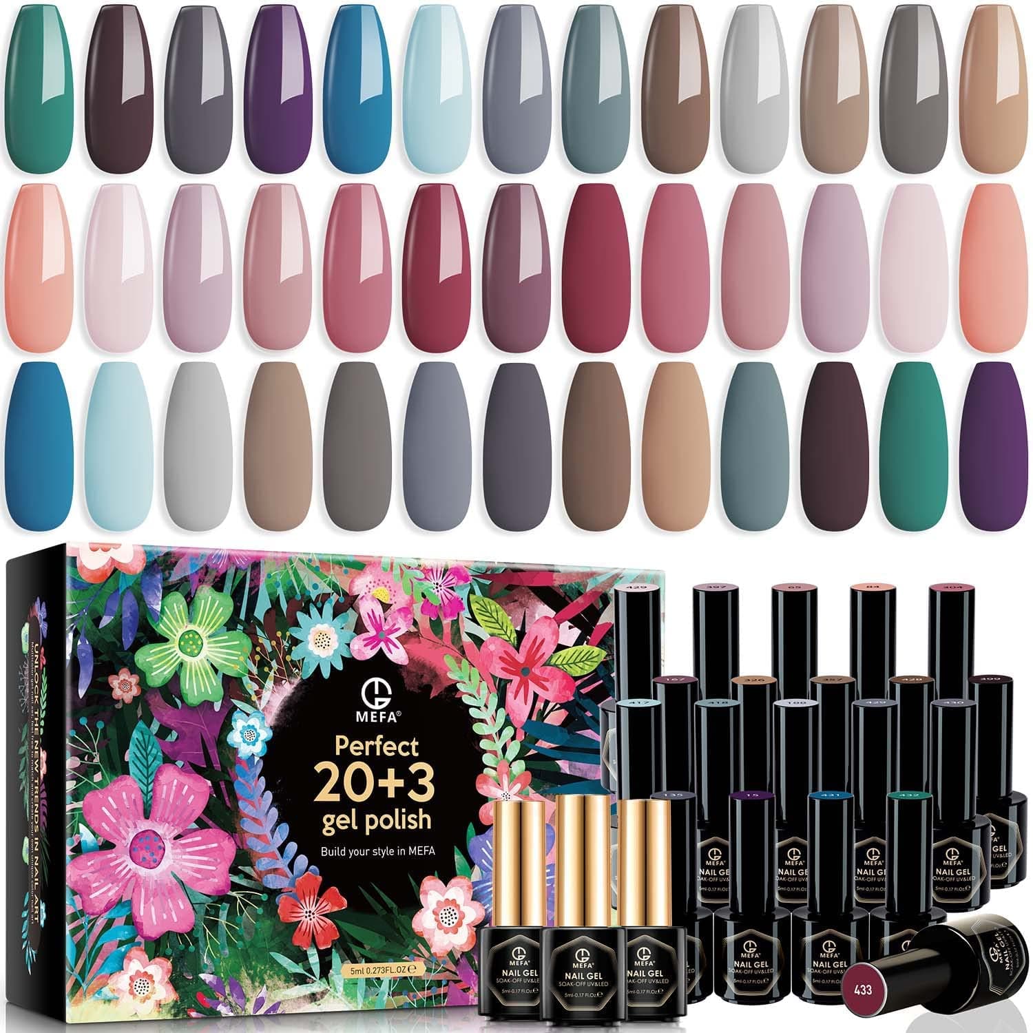 MEFA Gel Nail Polish Set with Glossy/Matte Top and Base Coat, Morandi Pink Grey Brown Colors Long-Lasting Soak-Off 23 PCS Classic Shades Starter Kit L E D/U V Light Needed Manicure Nail Art DIY Salon Holiday Gift