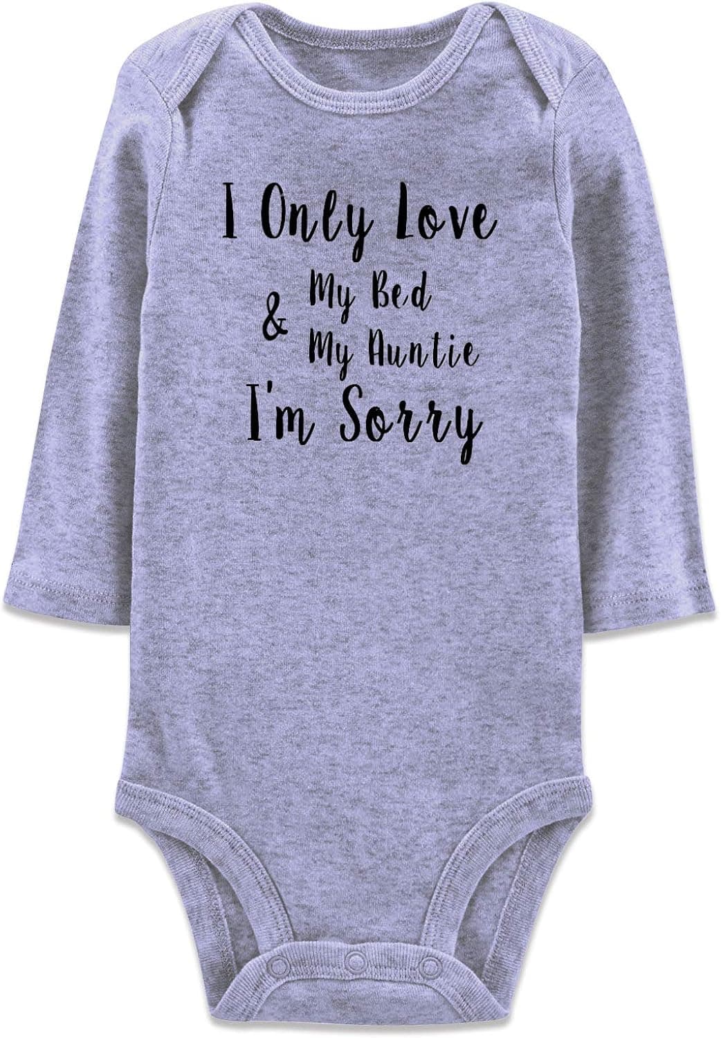 Baby Boys Girls Rompers Onesie Grey Long Sleeve Jumpsuit Bodysuit Funny Sayings I Only Love My Bed and My Auntie Summer Autumn Spring Infant Babies Onsie with Expandable Neckline 6-9 Months