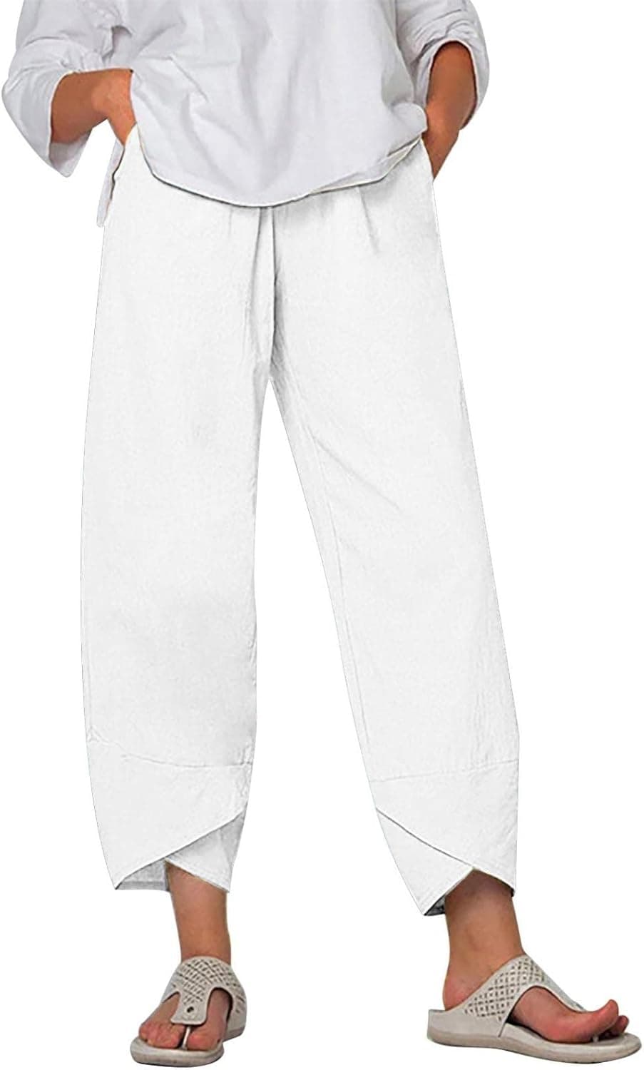 Burband Petite to Plus Size Womens Wide Leg Boho Linen Pants Summer Beach Capris Elastic Waist Palazzo Cropped Harem Pants