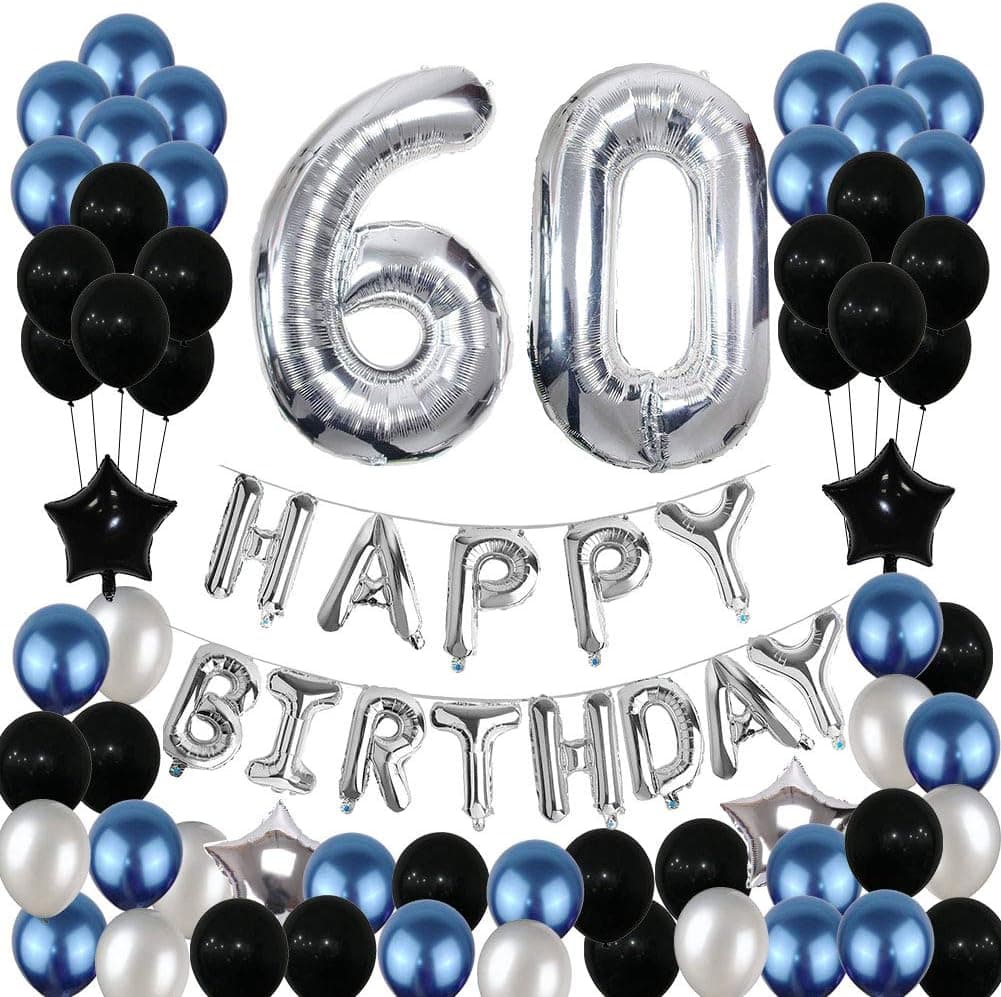 60th Birthday Decorations,60 Birthday Balloons Party Supplies Happy 60 Birthday Banner Blue and Silver Black Foil Star Balloons for Women Men(81PCS)
