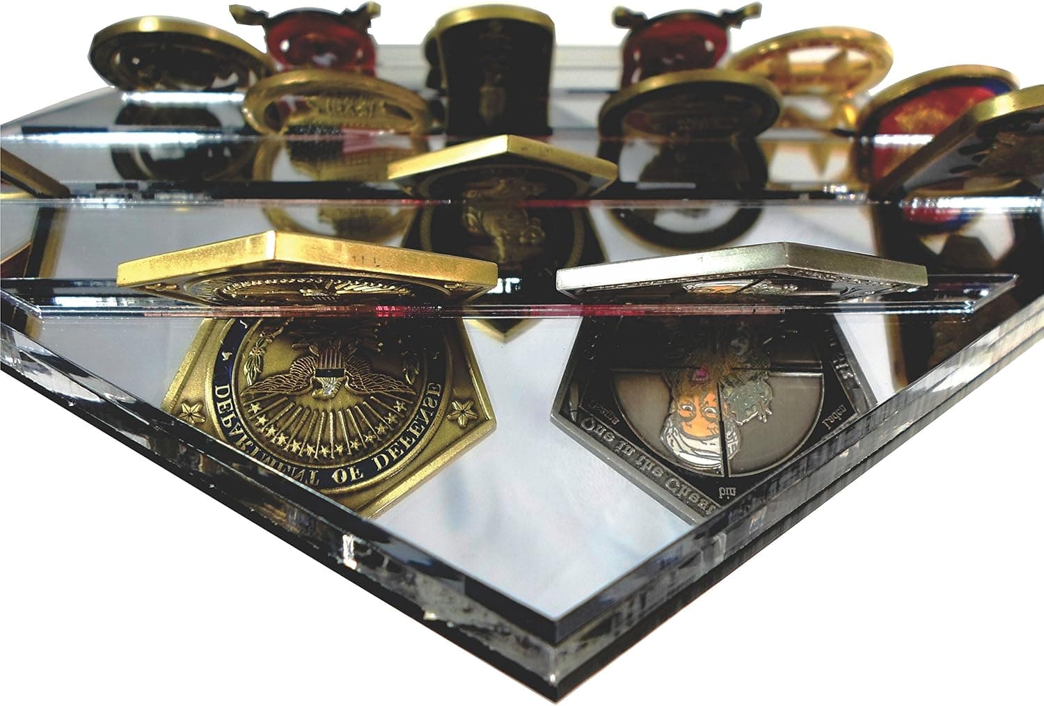 Gaus-USA Pentagon Challenge Coin Display, Five Rows, Super Clear Mirror. Lucite