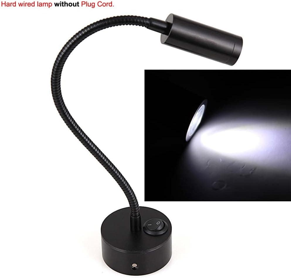 WannaBi Flexible Hard Wired 3 Watts 3W Gooseneck Led Wall Light Sconce Lamp Lighting for Bedroom Reading Bathroom, Black Body - White Lighting (Hard Wired/NO Plug Cord)