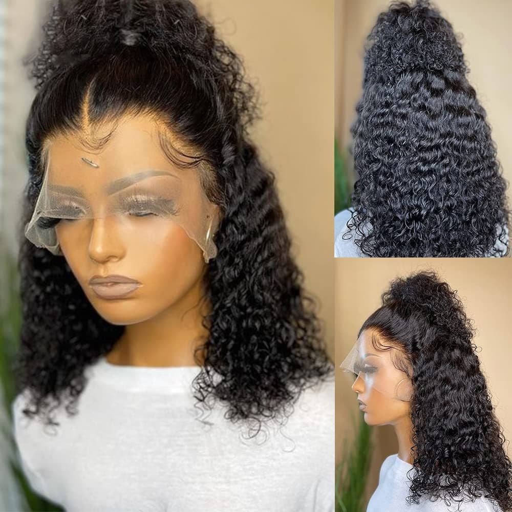 Short Straight Bob Wig Human Hair 4x4 Transparent Lace Front Closure Wig for black Women Virgin Remy Human Hair Wigs Middle Part Pre Plucked Hairline 150% Density Natural Black Color (13X4X1-Curly-12 Inch)