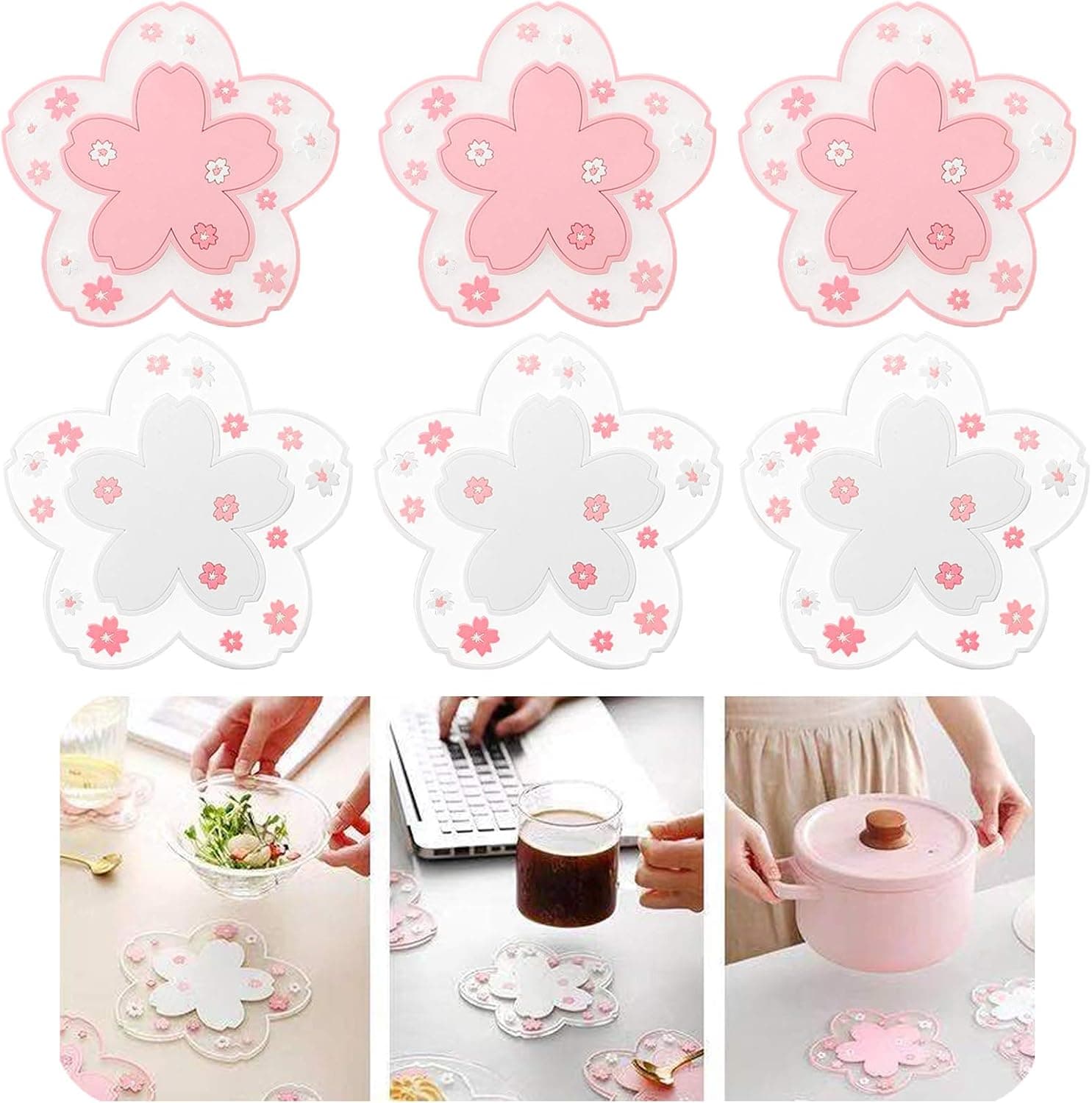 Sa-kura Coaster PVC 6-Pack, Saku-ra Placemat Coaster, Non-Slip Round Cup Mat Coffee Cup Table Bowl Mats 4.5 Inch Without Cup