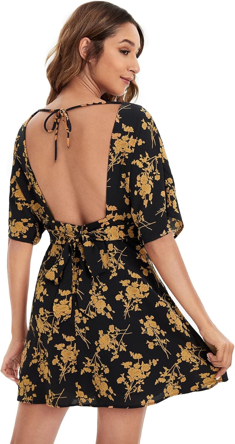 Floerns Women's Tropical Floral Plunging V Neck Tie Open Back Summer Short Dress