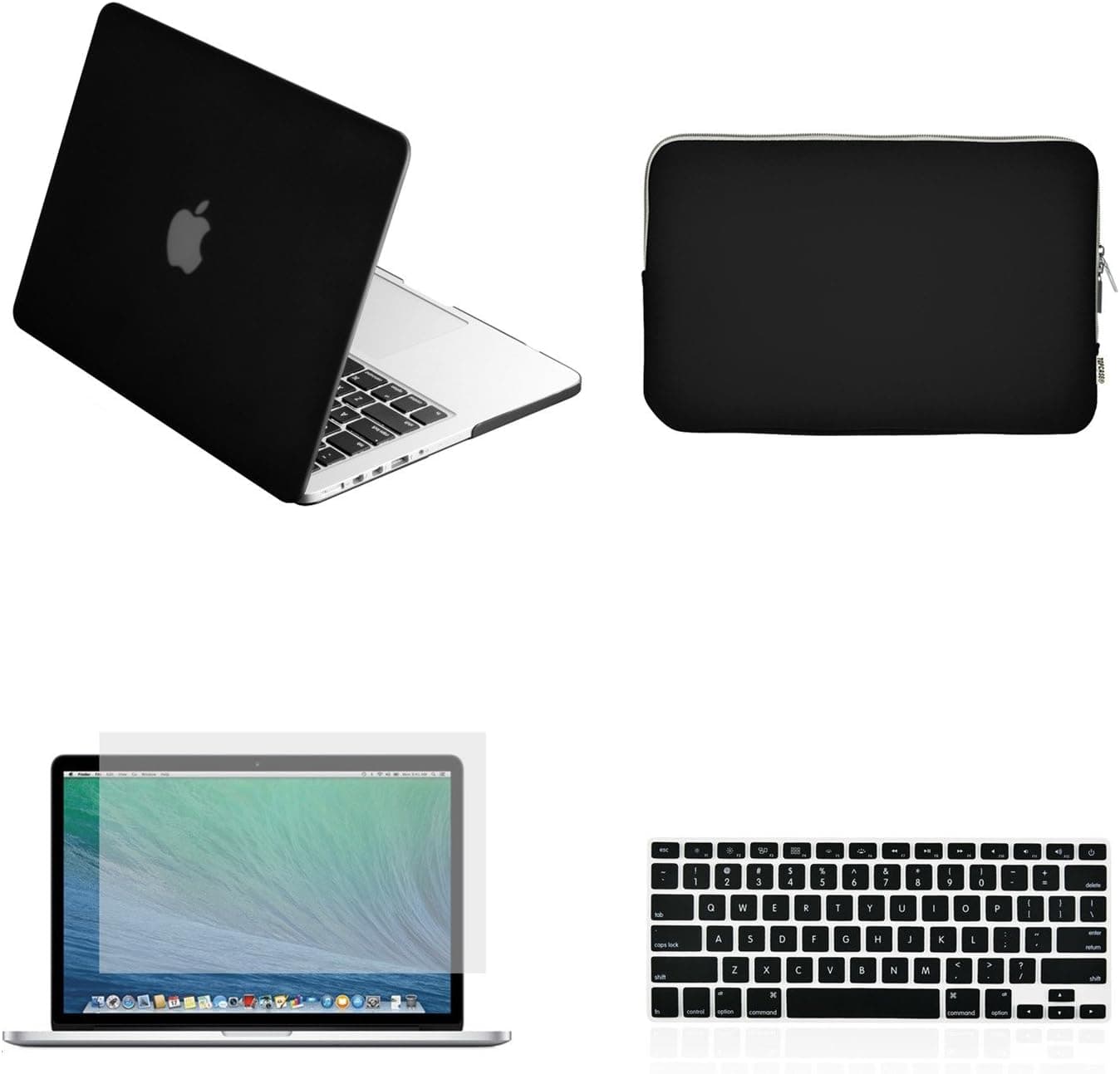 TOP CASE - 4 in 1 Essential Bundle Rubberized Hard Case + Zipper Sleeve + Keyboard Cover + Screen Protector Compatible MacBook Pro 13" Retina Display A1425 / A1502 (2012-2015 Release) - Black