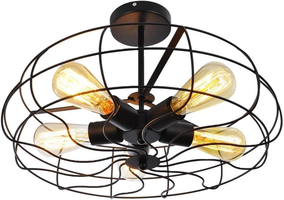 Vintage Black Metal Cage Ceiling Light - MKLOT Retro Industrial Semi Flush Mount Pendant Light 21.26" Wide Hanging Fixture with 5 Lights for Kitchen Hallway Farmhouse Restaurant