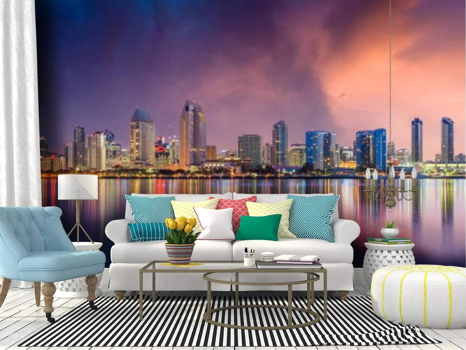 san Diego California Skyline at Sunsets and Pictures Canvas Print Wallpaper Wall Mural Self Adhesive Peel & Stick Wallpaper Home Craft Wall Decal Wall Poster Sticker for Living Room