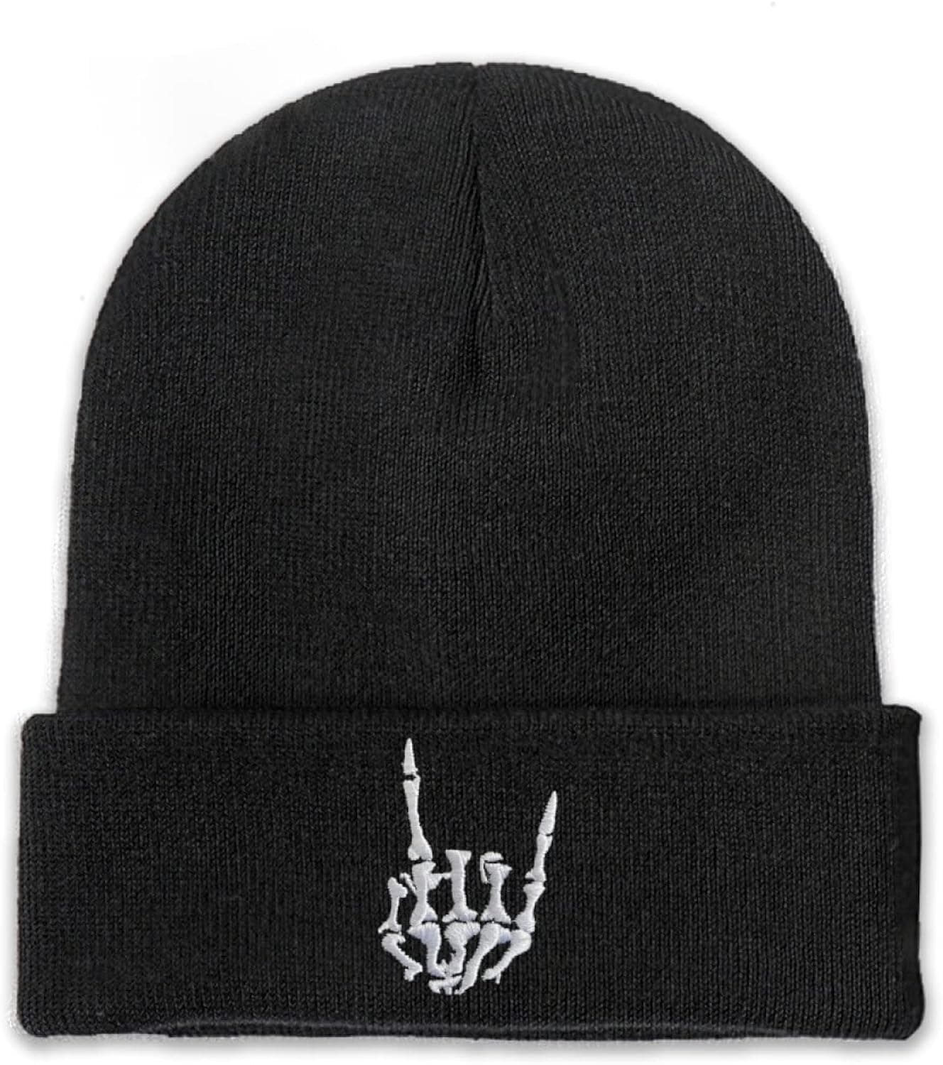 Horned Hand Beanie Hat for Men Women Knit Winter Cap Embroidered Skull Finger Caps Black