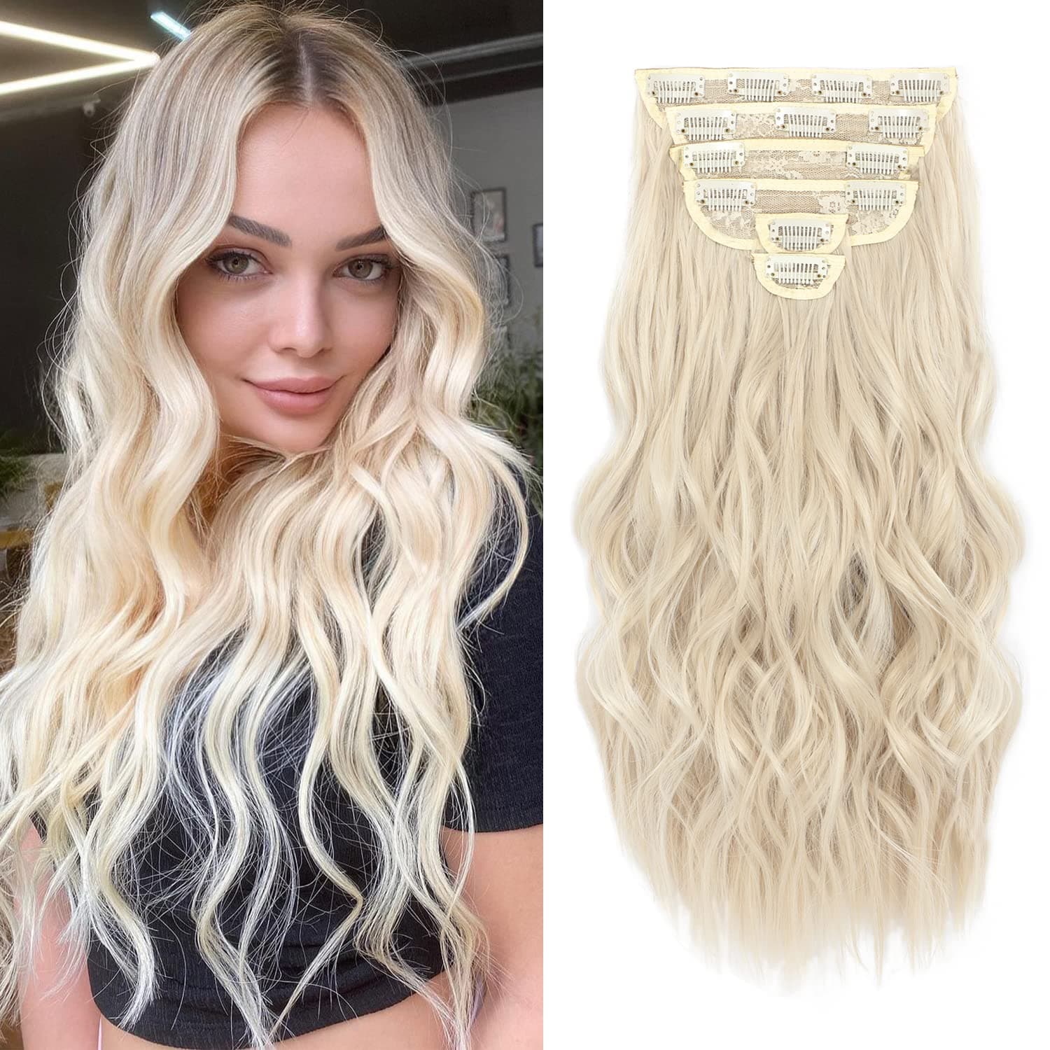 Fliace Clip in Hair Extensions, 6 pcs Natural & Soft Hair & Blends Well Hair Extensions, Dark White Lonng Wavy Hairpieces(20inch, 6pcs,Dark White)