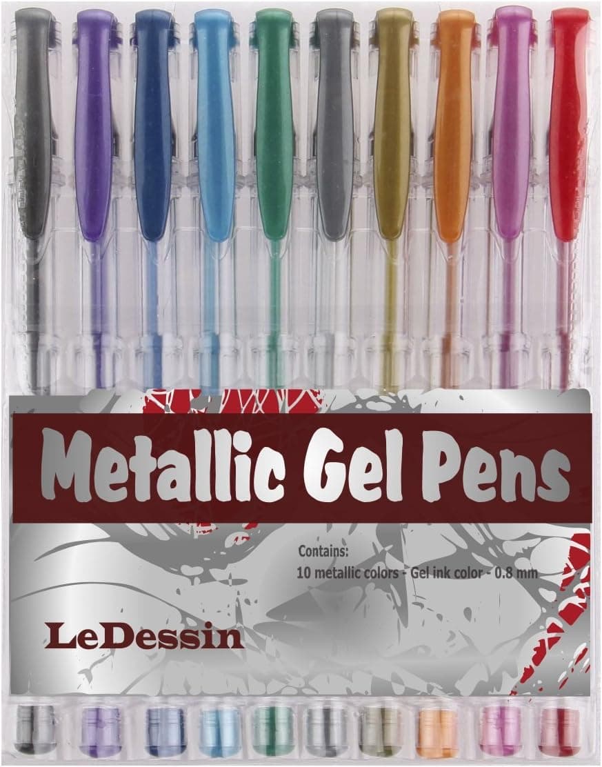 LeDessin Metallic Gel Pens Assorted colors 10-pc Set For Coloring Books, Card Making, Scrapbooking, Drawing, Doodles