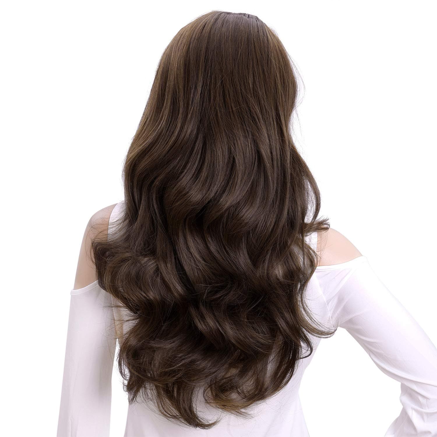 Kori Koli 24 Inch Wavy 3/4 Half Wig Long Darkest Brown Synthetic Hair Extensions Capless Wigs Hair Clips Extension For Women 210g（24“ #7）