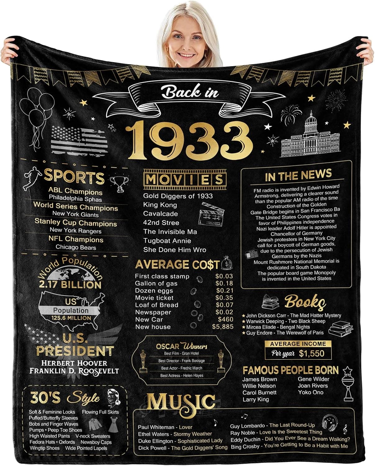 Happy 90th Birthday Gifts for Men Women Blanket 1933 90th Birthday Decorations Turning 90 Year Old Bday Gift Idea for Grandparents Dad Mom Back in 1933 Throw Blanket for Bed Sofa 80Lx60W Inches