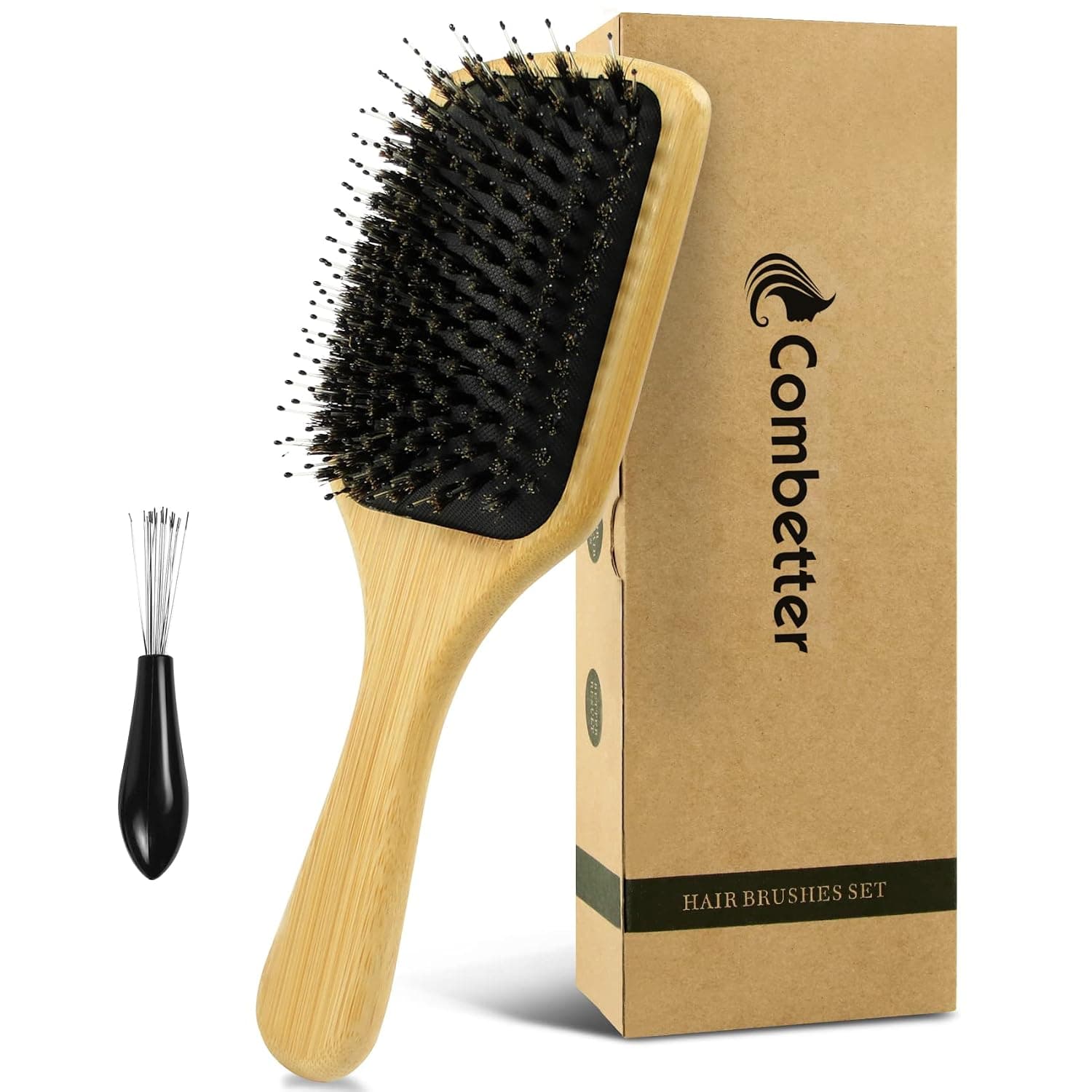 Boar Bristle Hair Brush, Natural Bamboo wooden Paddle Square Hairbrush Detangler Shine Smoothing Hair, for Women Men Kids Curly Thick Long Fine Dry Wet Hair, with Gift Box by Combetter