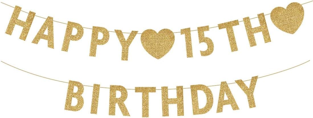 Gold Happy 15th Birthday Banner, Glitter 15 Years Old Boy or Girl Party Decorations, Supplies
