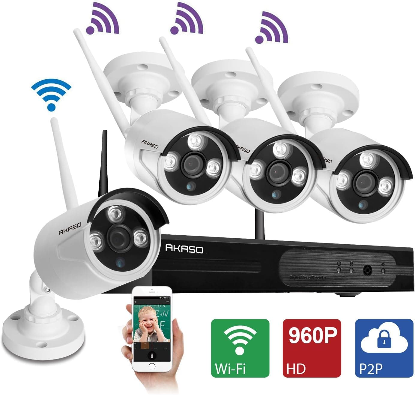 [Better Than 720P] AKASO Wireless Security IP Camera System WiFi Video Surveillance NVR Kits, 4CH 960P(1280 x 960), Plug&Play, P2P, Night Vision 65ft, Built-in Router IP66 Weatherproof NO HDD
