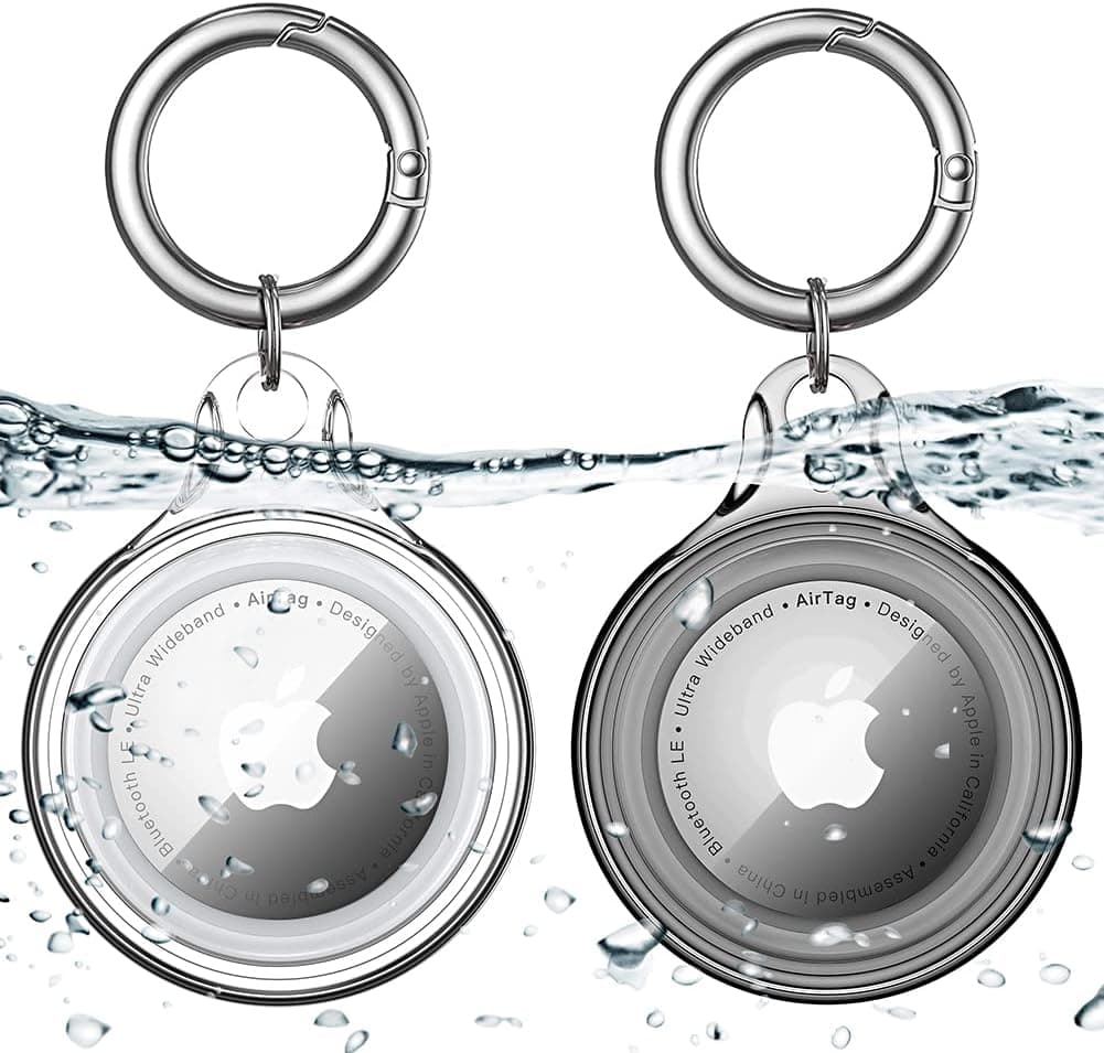 COOLQO 2 Pack IPX8 Waterproof AirTag Holder Keychain [Mil-Grade Protection] Hard PC Case Cover for Apple Air Tag, Anti-Scratch, Shockproof Tracker for Kids, Luggage, Key, Dog Collar (Clear+Black)